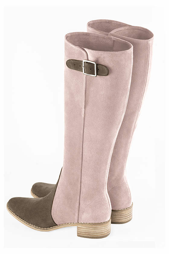 Taupe brown and powder pink women's knee-high boots with buckles. Round toe. Low leather soles. Made to measure. Rear view - Florence KOOIJMAN